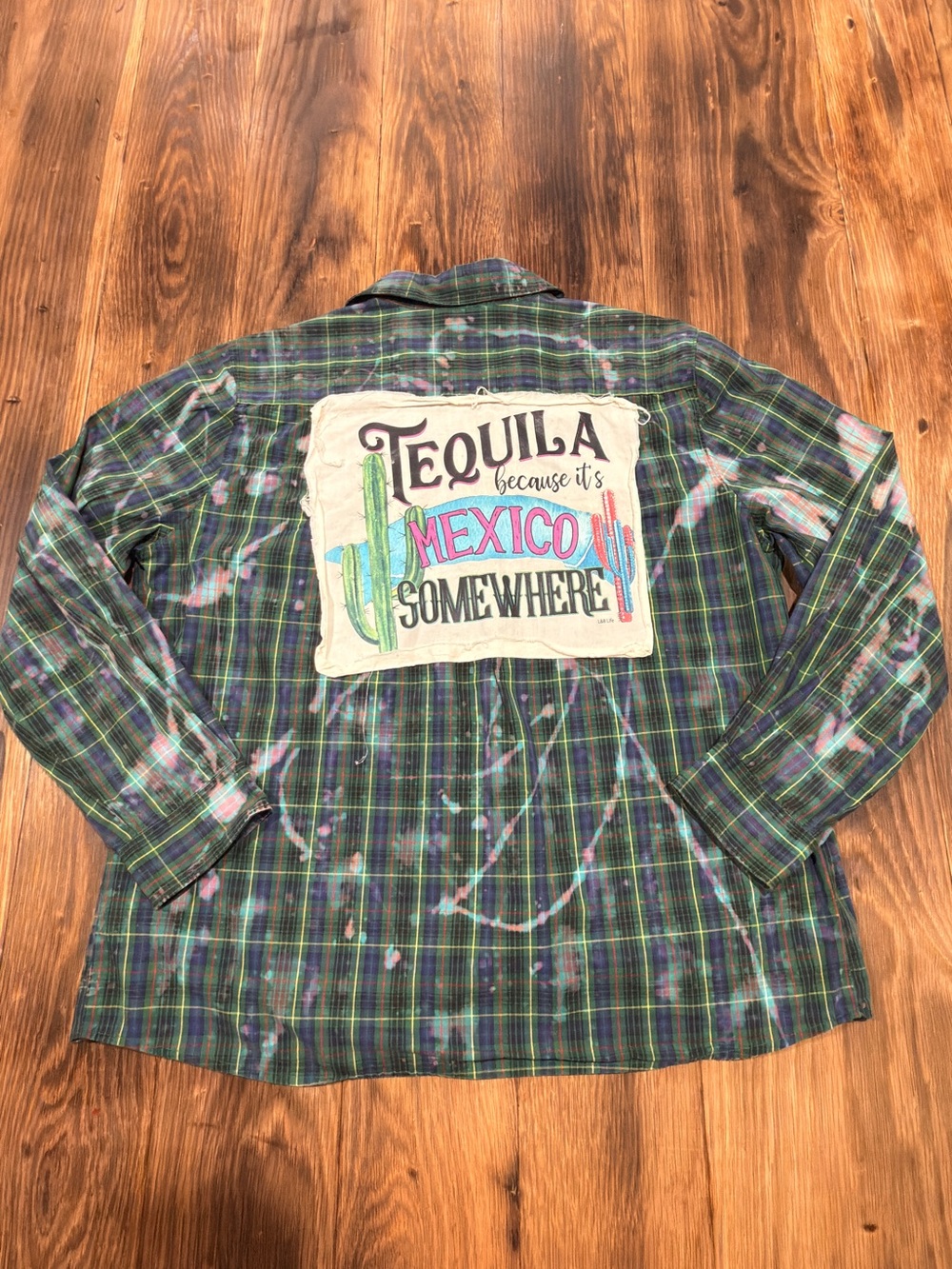 Plaid Flannel Shirt with 'Tequila Mexico Somewhere' Back Patch - Green